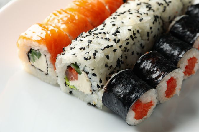 Delicious sushi rolls on plain bowl background, close up. Japanese food