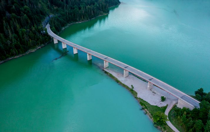 Drone aerial view of Lake Sylvenstein Bridge in the Upper Bavaria region, Germany