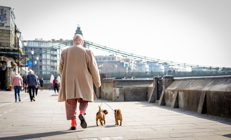 Man walking by river with two small dogs