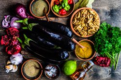 Georgian food cooking concept with spices and egg plant