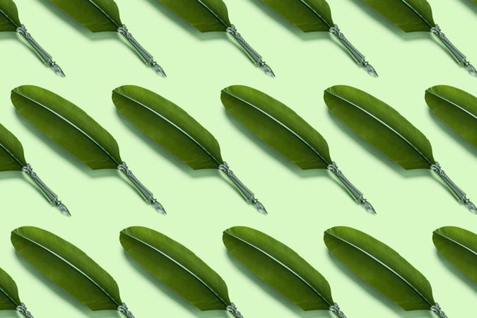 Green quill pens on green background