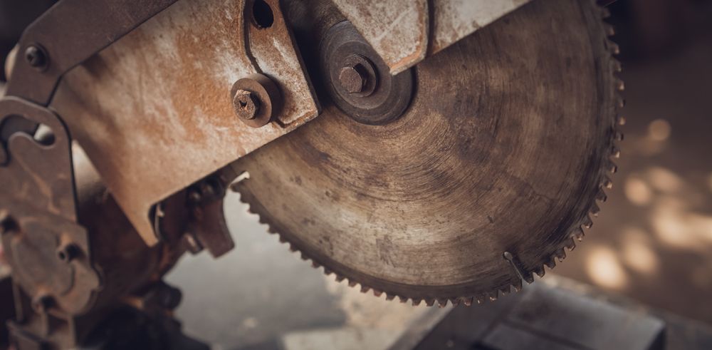 Close up of circular electric saw blade background at the carpentry workshop