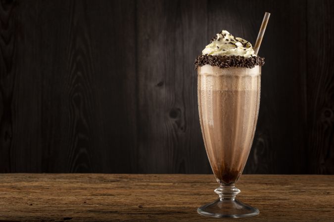 Chocolate milkshake with whipped cream.