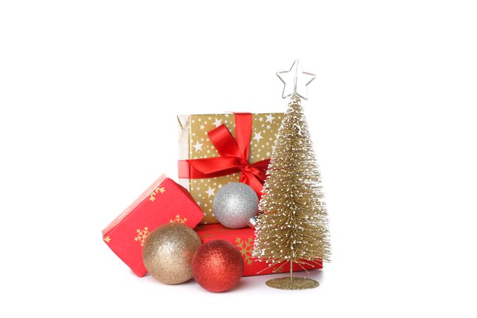 Christmas presents, balls and tree isolated on blank background