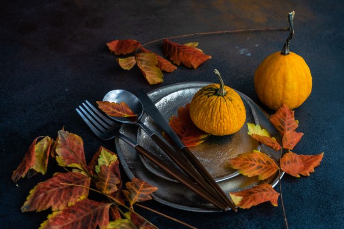 Table settings of shiny ceramic plates with autumn leaves and cutlery