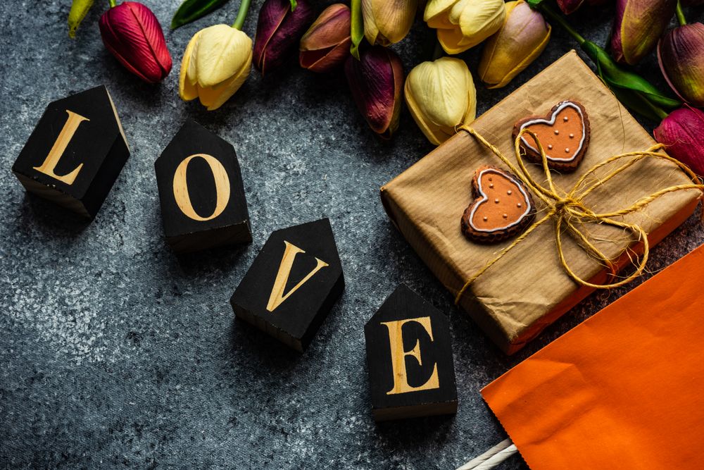 Tulips with blocks spelling "love"