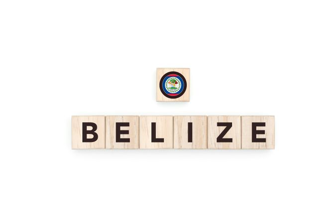 Wooden blocks bearing the name and flag of Belize.