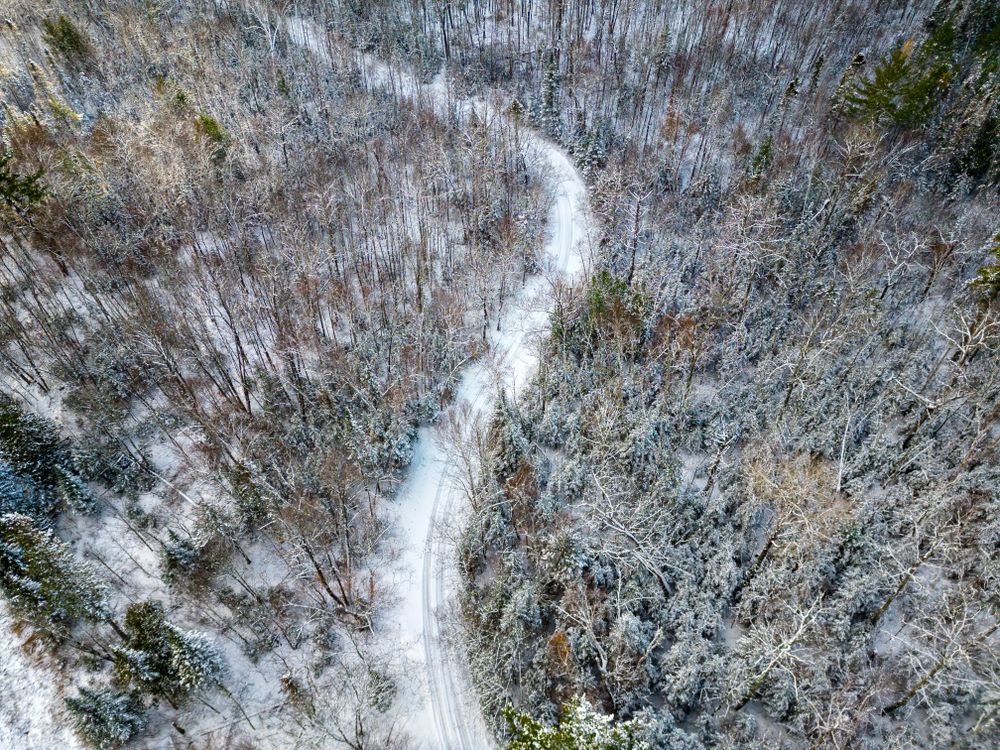 Top view of snow-covered road in Itasca County, Minnesota