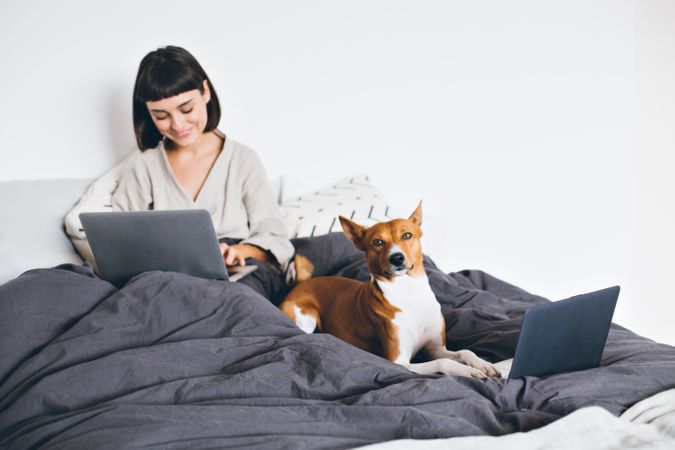 Woman smiling with her dog as they both work in bed with laptops