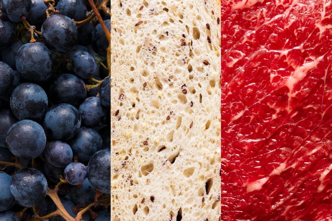 Flag of France made of grapes, french bread and  steak meat texture