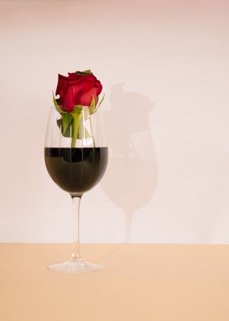 Glass of red wine with rose in it