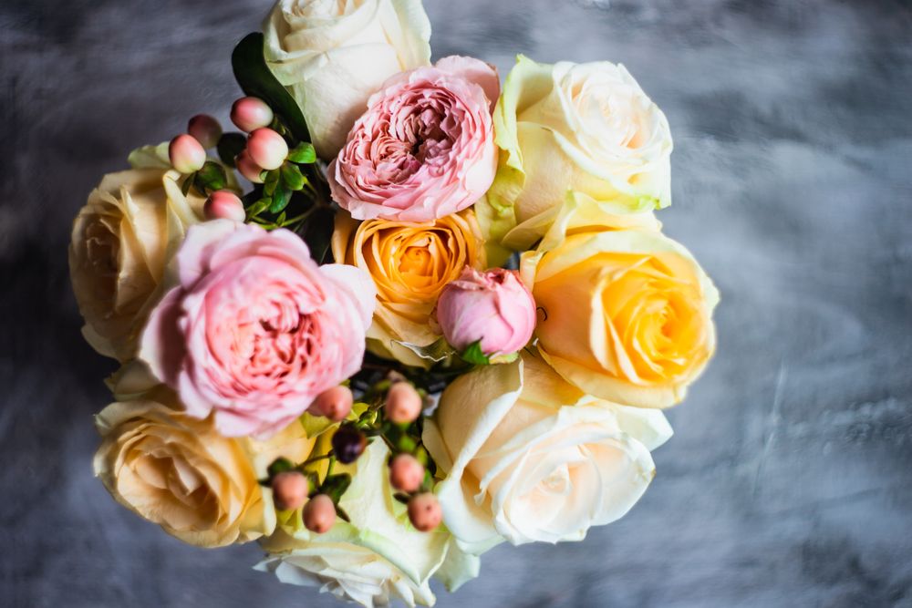 Top view of bouquet of pastel flowers