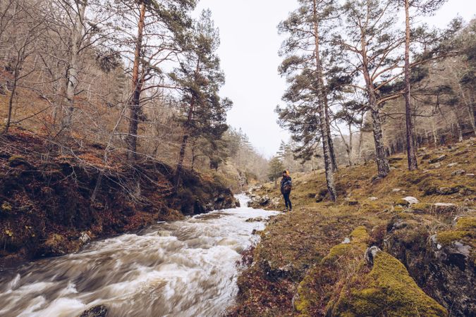 Woman gazing at fast mountain river in forest