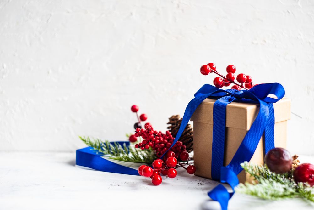 Present wrapped in blue bow with holly and pine