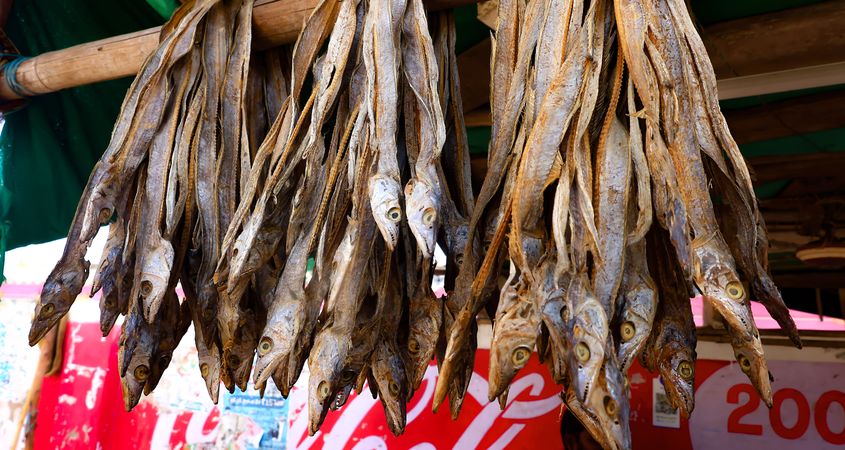 Assorted Dried Fish and Spices at Local Market Stall