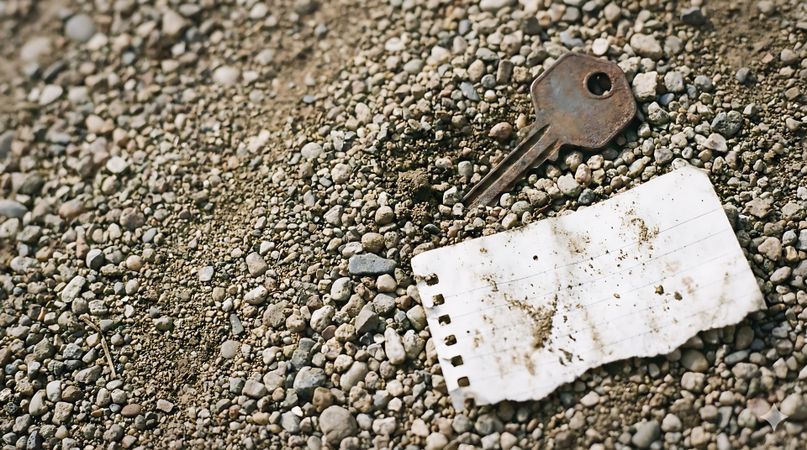 A Rusty Key And A Tattered Piece Of Paper On The Ground