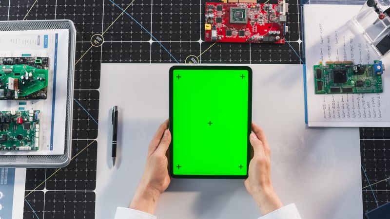 Top Down View of an Anonymous Engineer Holding Tablet Computer with Mock Up Green Screen Chromakey Display Vertically. Industrial Specialist Viewing an Electronics Development Presentation