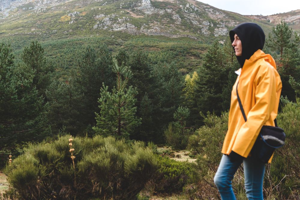 Person in yellow raincoat walking in forest