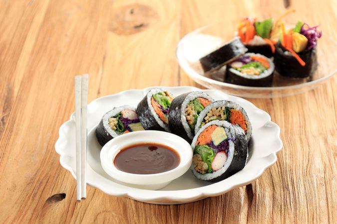 Korean Rolled Gimbap, Made of Rice, Carrot, Sausage, Crab Stick, Eggs, Fish Cake