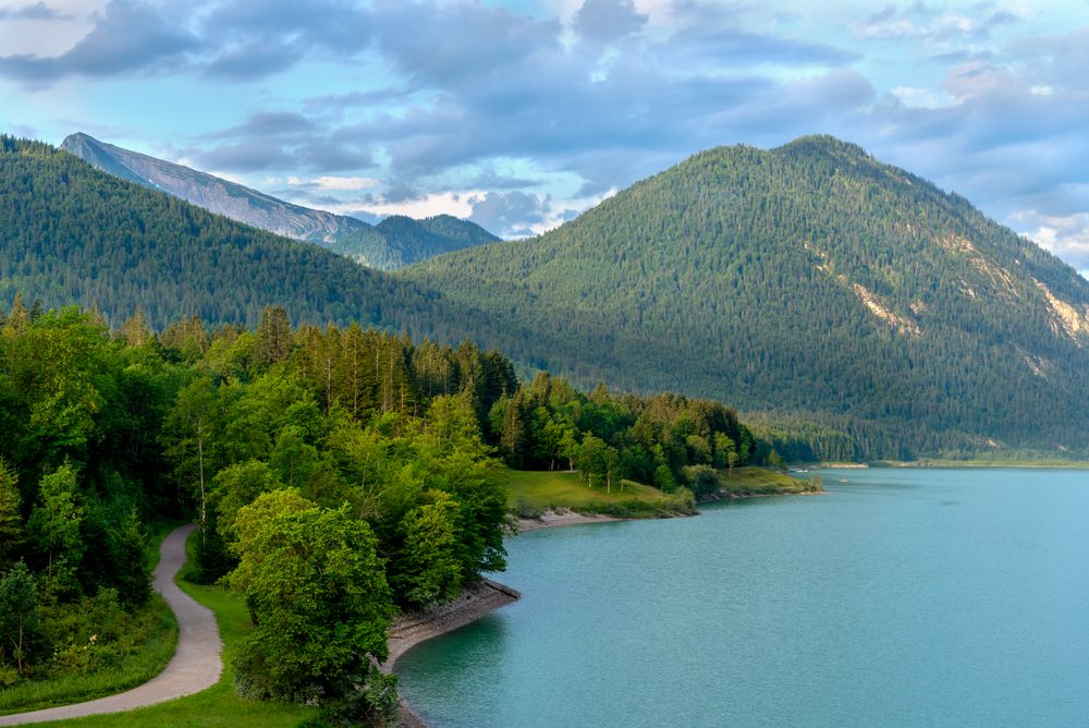 Landscape with Lake Sylvenstein in the Karwendel Mountains in Germany