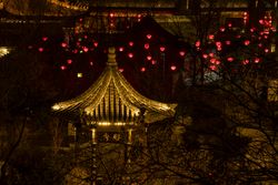 High angle view of gazebo near red lantern decoration at night 5XJprb