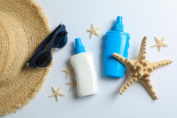 Summer vacation composition on color background. Top view, closeup