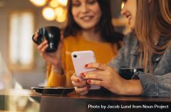 Two female friends meeting at a coffee shop 48lZY4