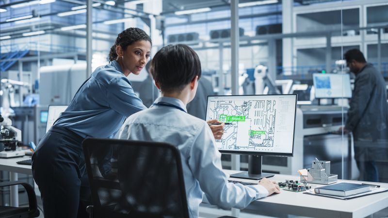 Hispanic Female Manager And Asian Male Engineer Using Desktop Computer With Microchip Blueprints at an Automated Factory With Robotic Arms.