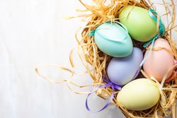 Easter card concept with pastel eggs in hay with space for text