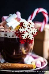 Close up of marshmallow hot chocolate on table with snowflake decoration 0gBA8b