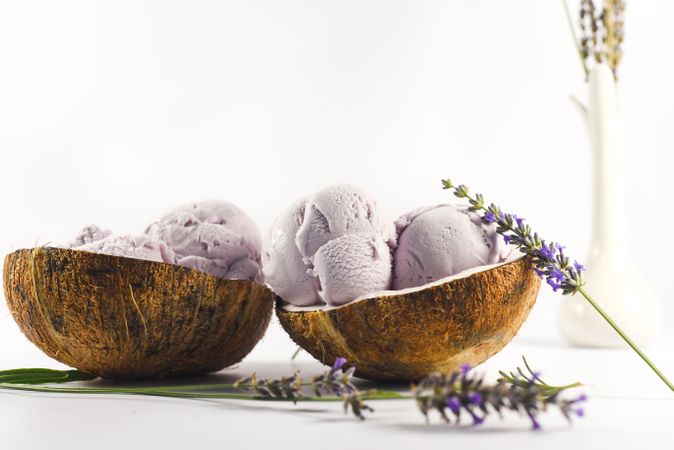 Side view of coconut shells with purple ice cream and pieces of lavender flowers and vase in background