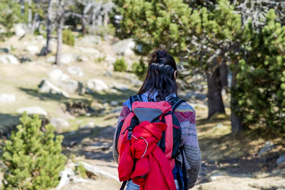 Read of woman walking in a green forest
