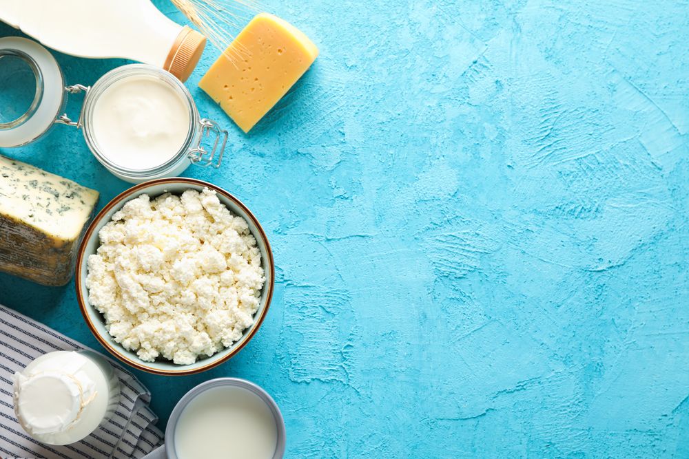 Flat lay composition. Different dairy products on blue background, copy space