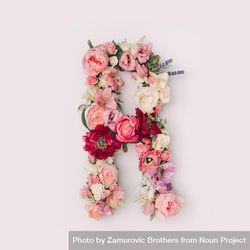 Letter R made of real natural flowers and leaves bxGRn4