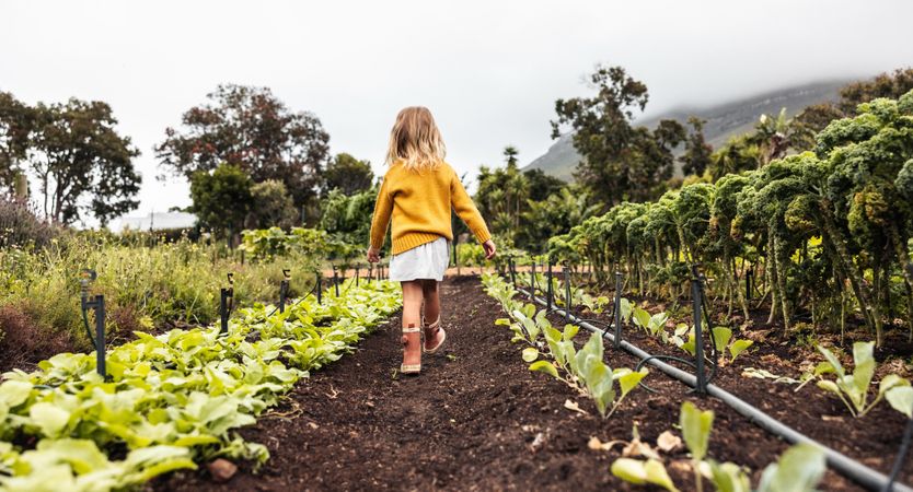 Rearview of a young girl wearing gardening boots walking on a farm