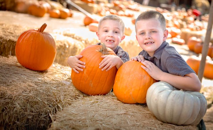 Two Boys Having Fun at the Pumpkin Patch .on a Sunny Fall Day.