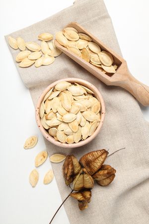Cooking ingredients for fall season - pumpkin seeds, pumpkin