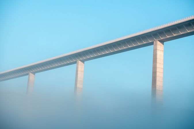 Autobahn bridge over dense fog, low angle view, in Braunsbach, Germany
