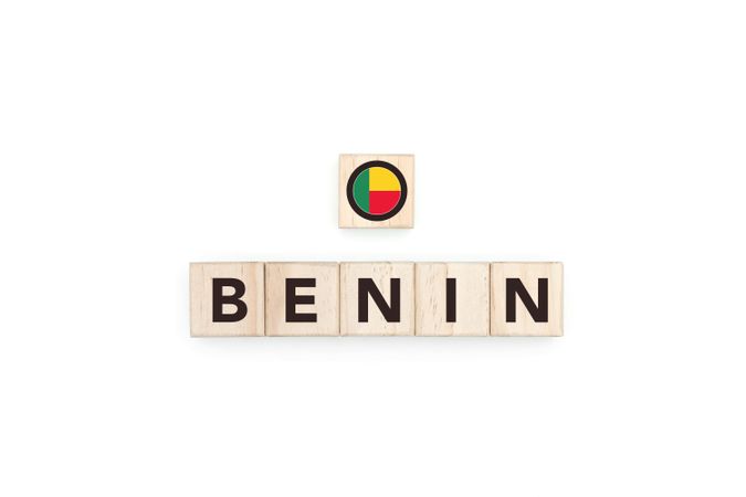 Wooden blocks bearing the name and flag of Benin.