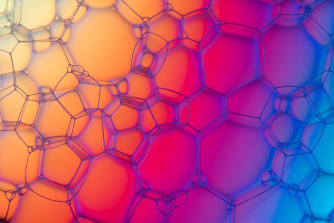 Abstract background bio technology, macro photography foam and water with gradient background. Molecule multicolor backgorund