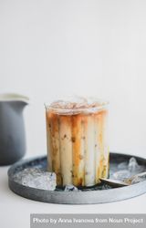 Close up of iced coffee cocktail with milk jug and tray bGEvv5