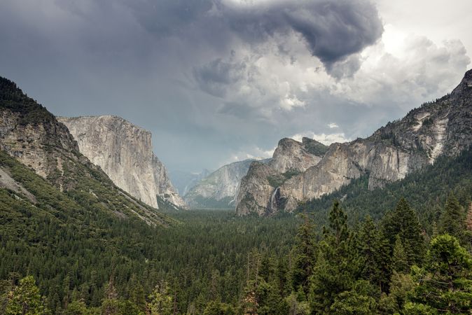 Yosemite Valley on gray, cloudy day