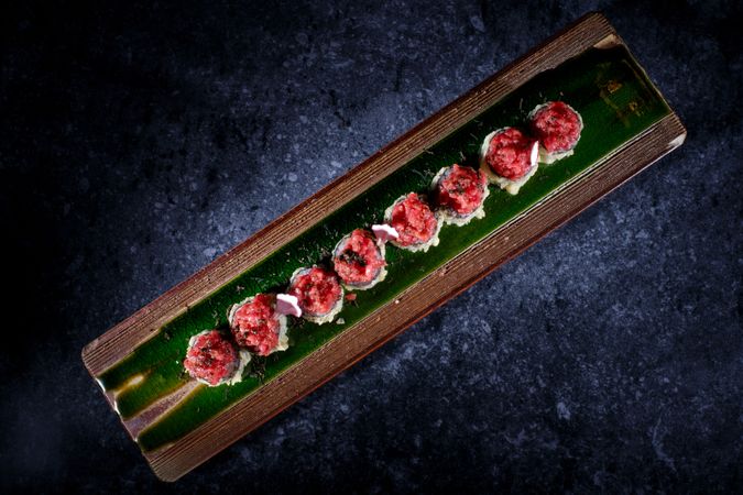 Delicious uramaki sushi rolls with raw tuna