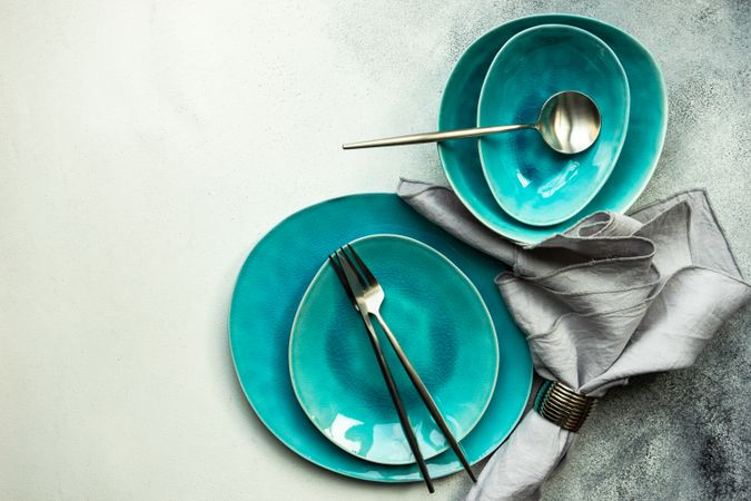 Top view of teal table setting
