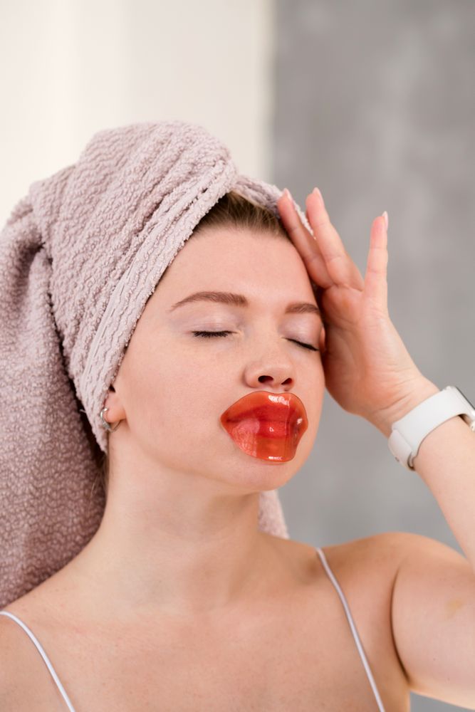Applying lip-shaped gel mask.