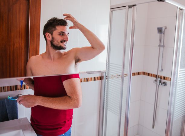Gay couple in bathroom's room