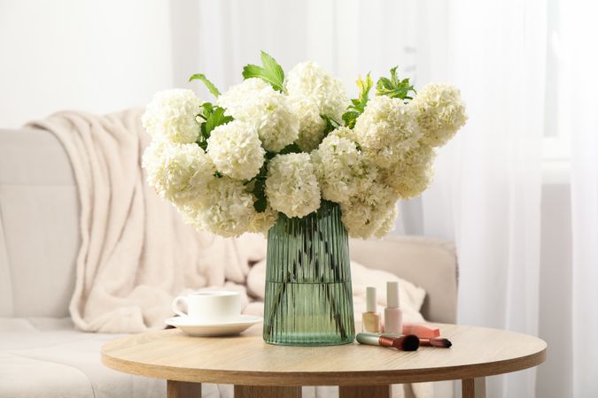 Composition with hydrangea flowers, cup of coffee and cosmetics. Spring plant