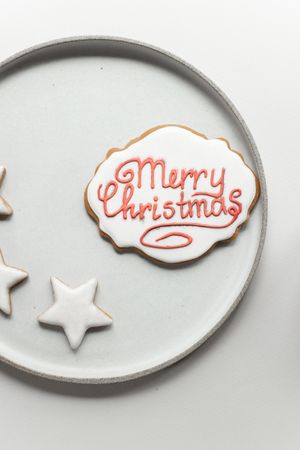 Merry Christmas written on gingerbread cookie on plate