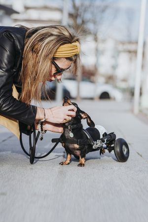 Smiling woman near dog with wheelchair on street