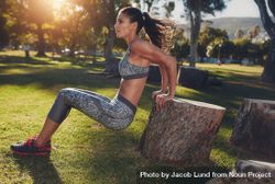 Side view shot of muscular and healthy young woman doing dips exercise on a wooden log at the park 4j7qrb